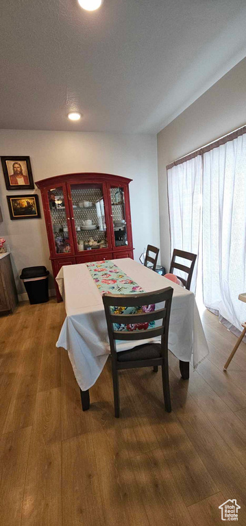 Dining space with wood-type flooring