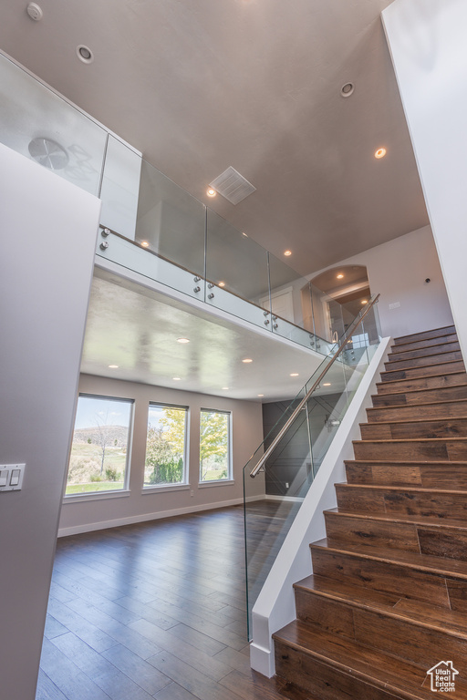 Stairs with dark hardwood / wood-style flooring