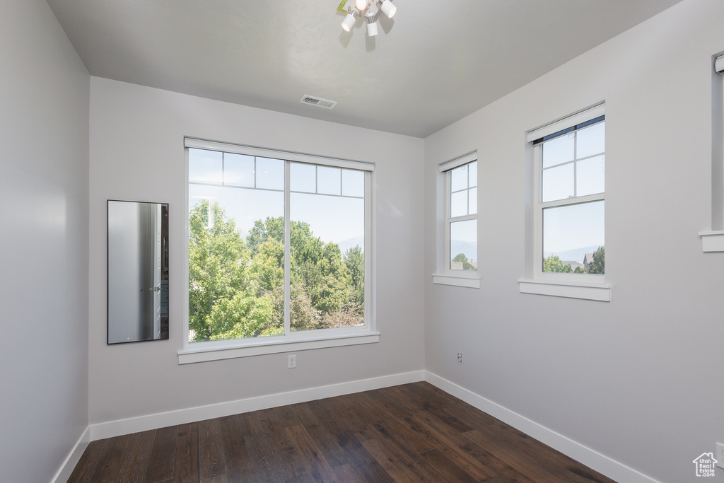 Unfurnished room featuring dark wood-type flooring and plenty of natural light