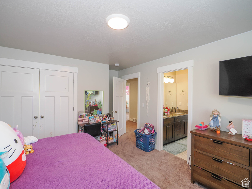 Carpeted bedroom with connected bathroom