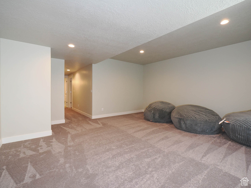 Interior space with carpet and a textured ceiling