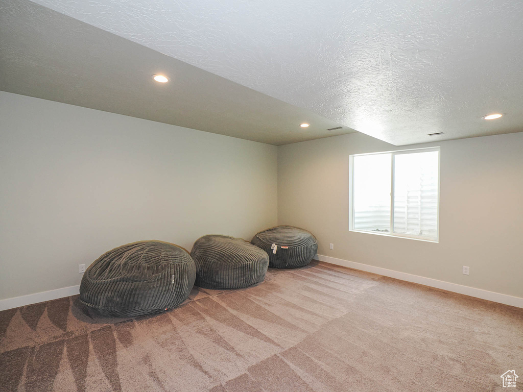 Living area featuring light colored carpet and a textured ceiling