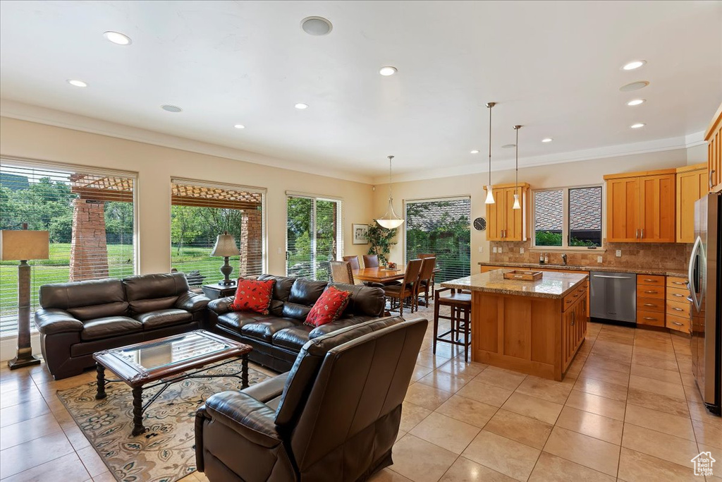 Tiled living room featuring plenty of natural light, ornamental molding, and sink