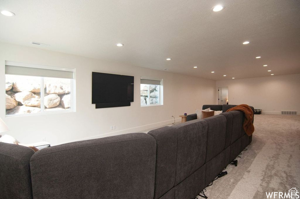 Living room featuring light colored carpet