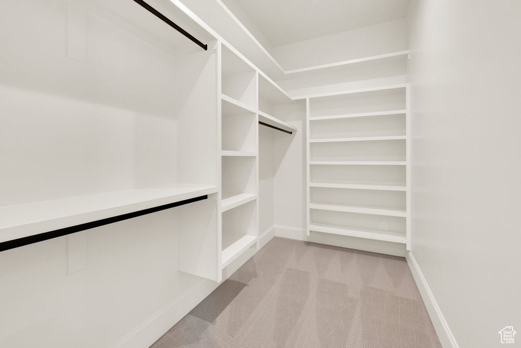 Spacious closet with light colored carpet