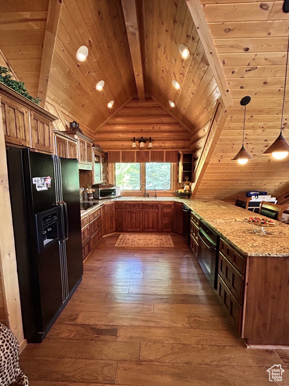 Kitchen with hardwood / wood-style floors, black appliances, wood ceiling, lofted ceiling with beams, and hanging light fixtures