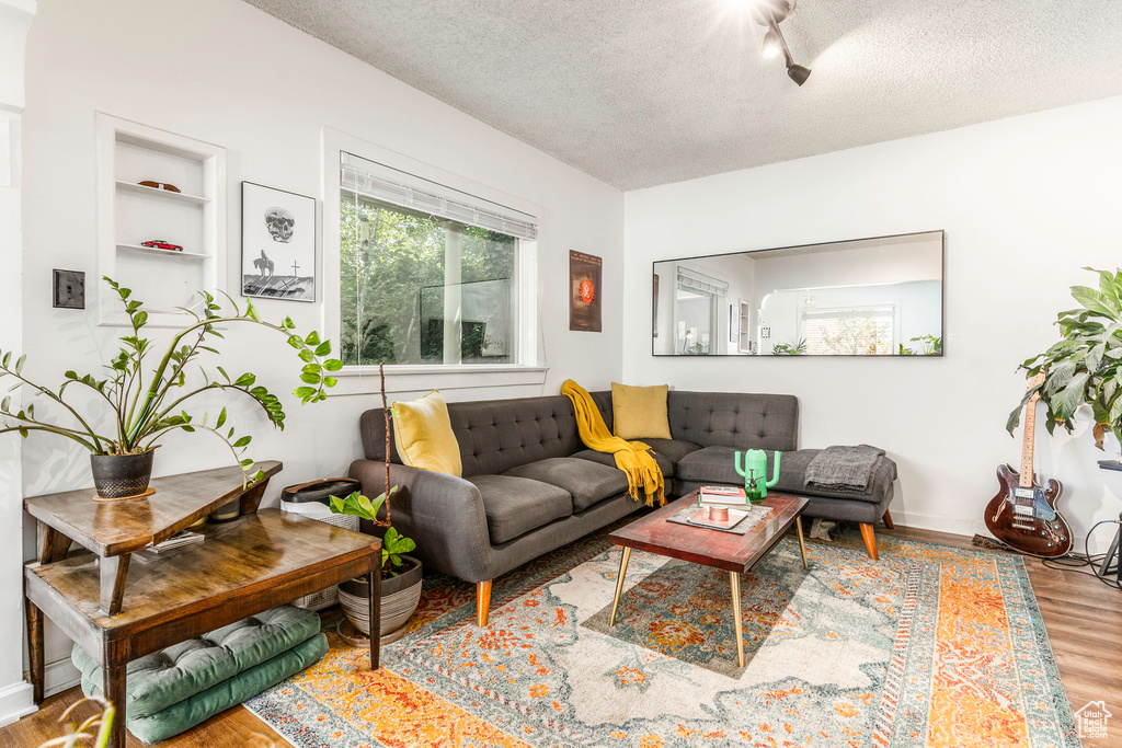 Living room featuring built in features, hardwood / wood-style flooring, and a textured ceiling