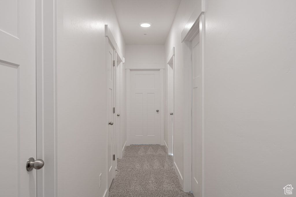 Corridor featuring light carpet