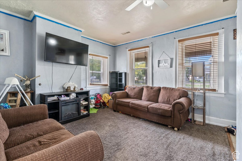 Carpeted living room with a wealth of natural light and ceiling fan