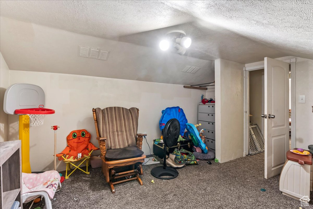 Recreation room with a textured ceiling, carpet flooring, and lofted ceiling