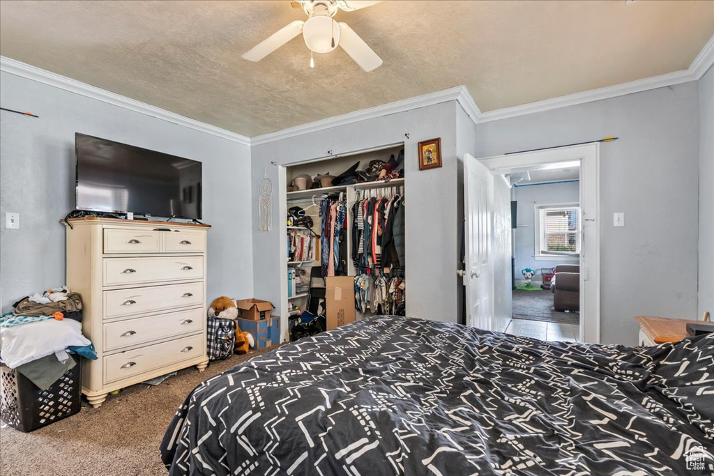 Carpeted bedroom featuring a textured ceiling, ornamental molding, ceiling fan, and a closet