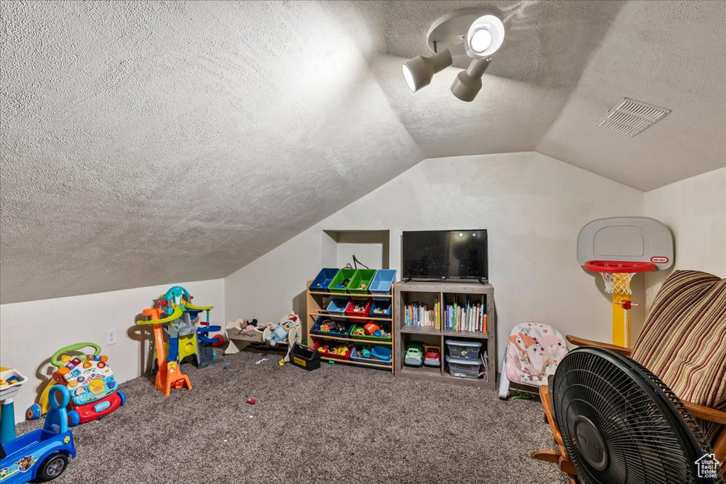 Recreation room featuring carpet flooring, vaulted ceiling, and a textured ceiling