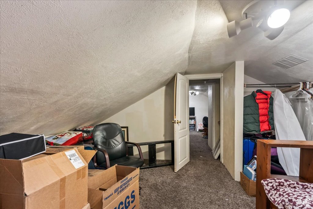 Additional living space featuring vaulted ceiling, dark carpet, and a textured ceiling