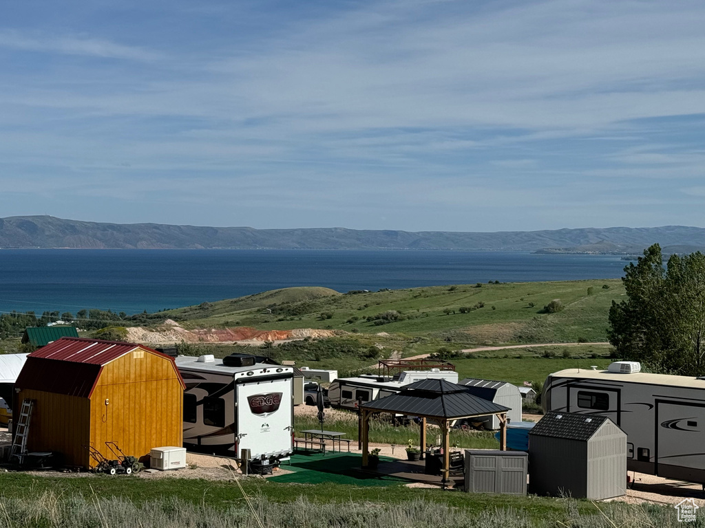 Exterior space featuring a gazebo and a mountain view