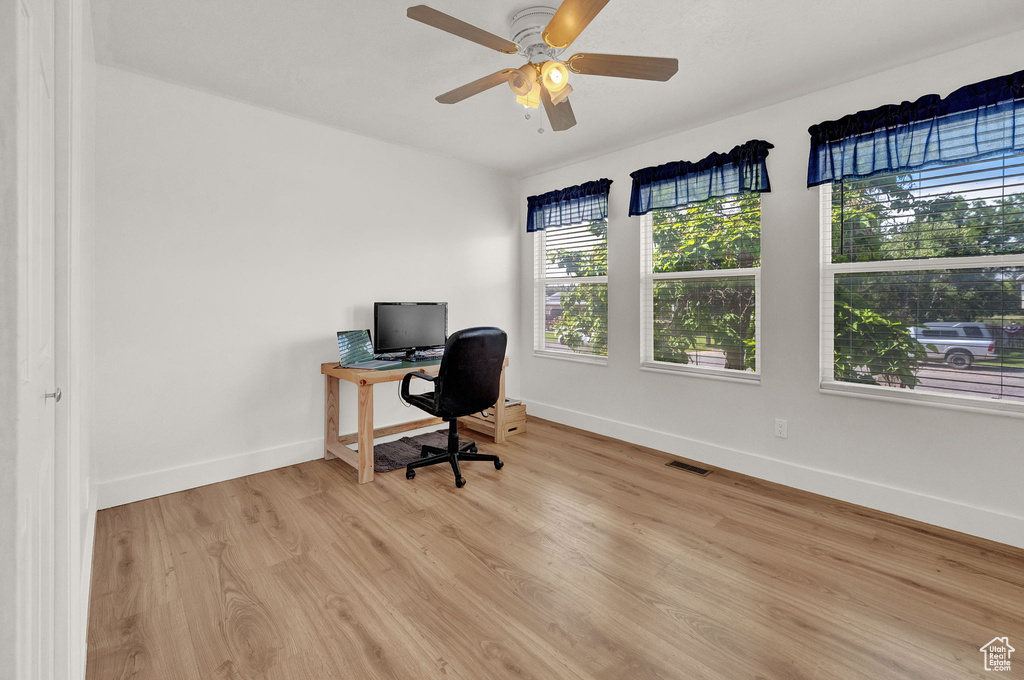 Office space featuring ceiling fan, light hardwood / wood-style flooring, and a wealth of natural light