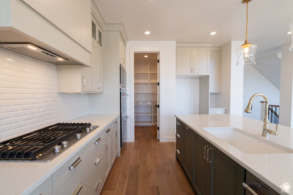 Kitchen with appliances with stainless steel finishes, wood-type flooring, pendant lighting, tasteful backsplash, and custom exhaust hood