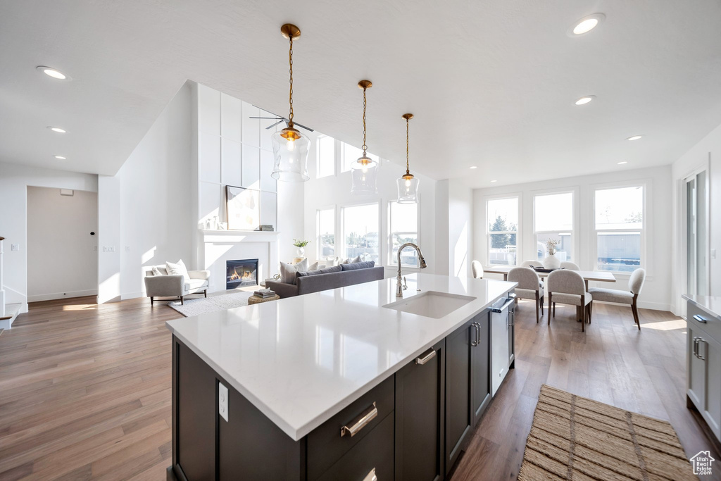 Kitchen featuring a large fireplace, pendant lighting, sink, light hardwood / wood-style floors, and a kitchen island with sink