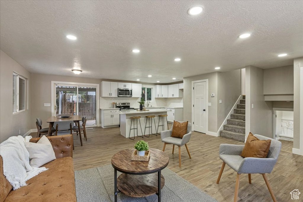 Living room with sink, light hardwood / wood-style floors, and a textured ceiling