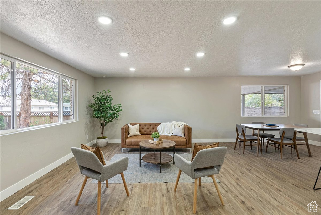 Living room featuring a textured ceiling and light wood-type flooring