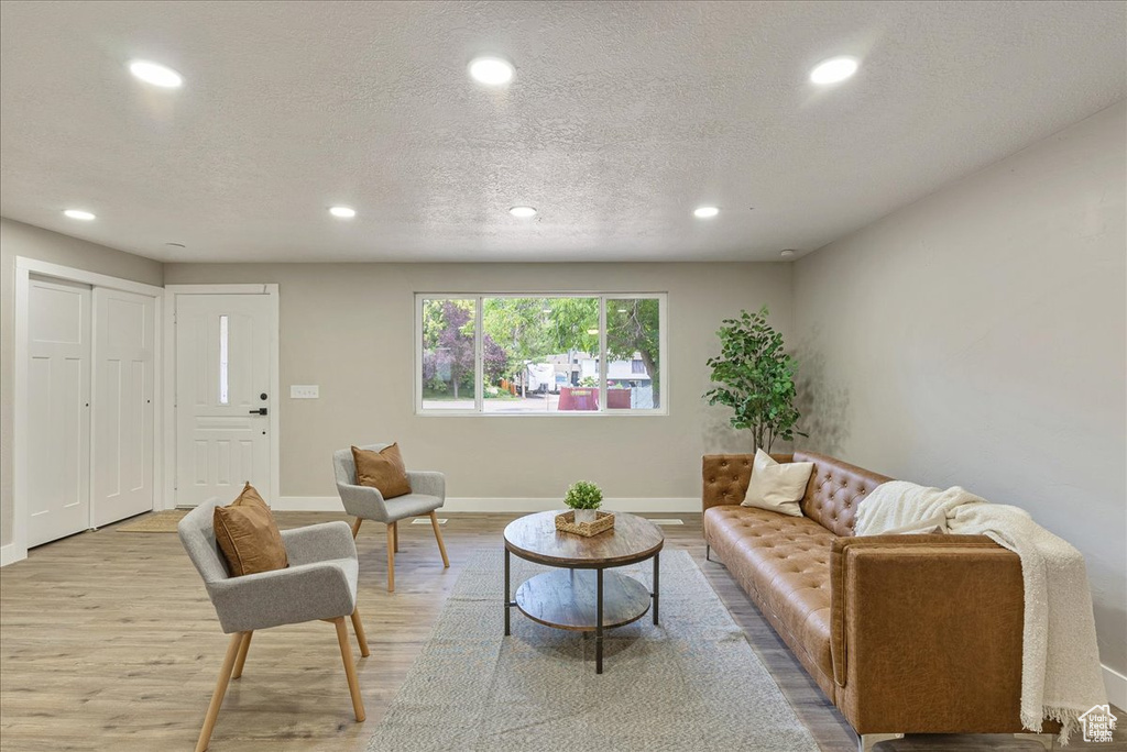 Living room featuring light hardwood / wood-style floors and a textured ceiling