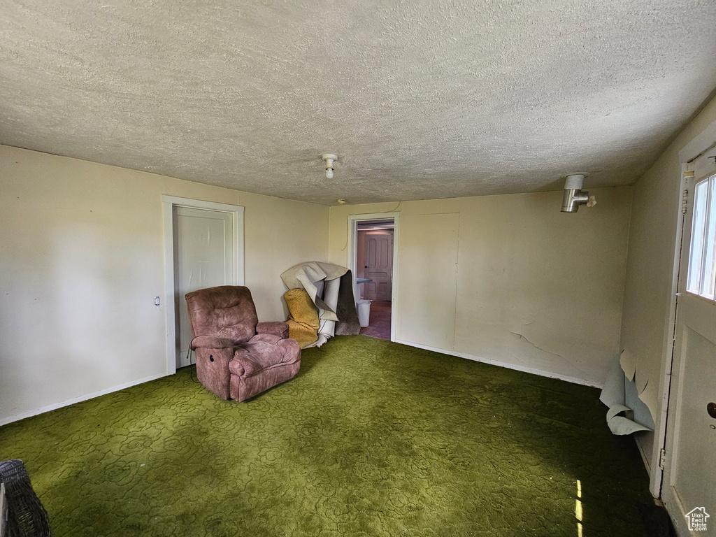 Unfurnished room with dark colored carpet and a textured ceiling