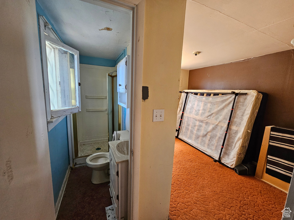 Bathroom featuring walk in shower, toilet, and vanity