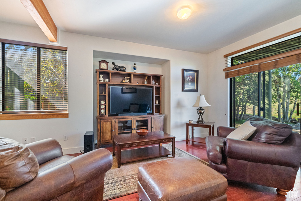 Living room with beamed ceiling and hardwood / wood-style flooring