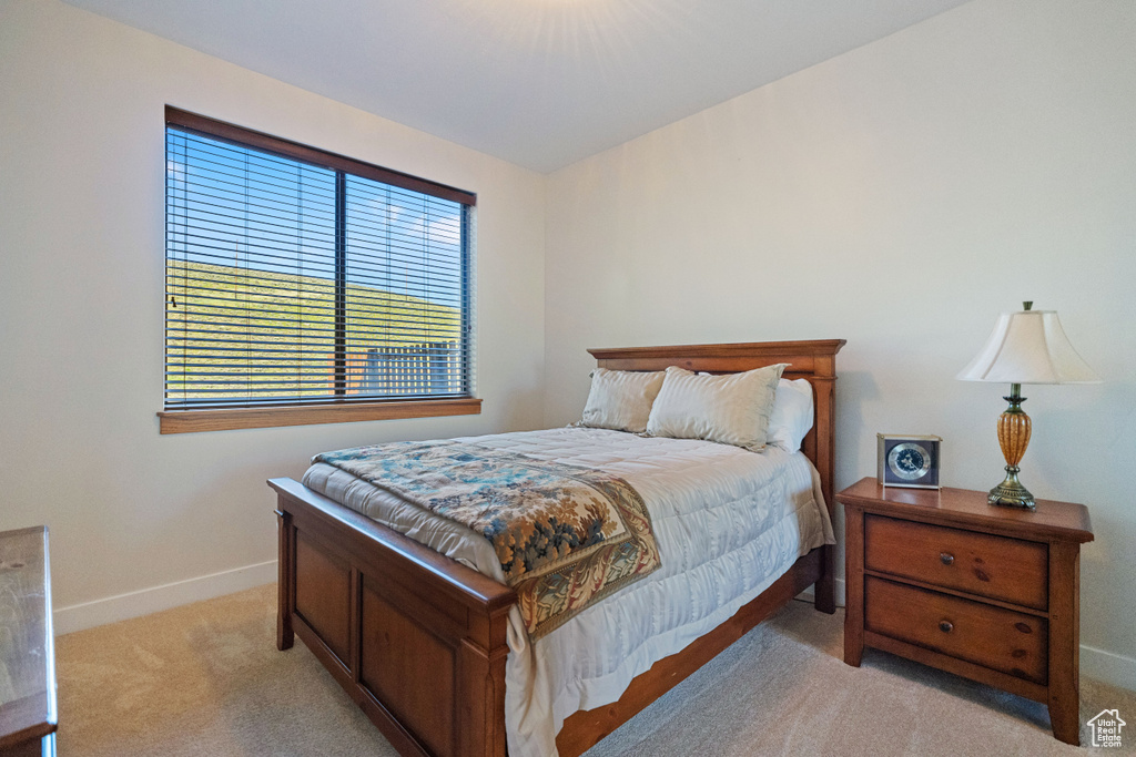 Bedroom with light carpet