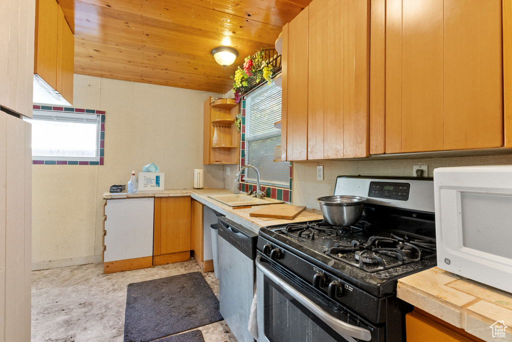 Kitchen with stainless steel appliances, wooden ceiling, sink, and a healthy amount of sunlight