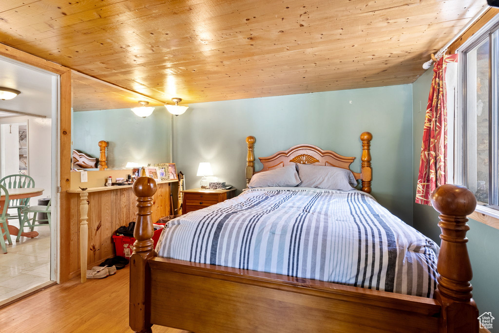 Bedroom featuring hardwood / wood-style flooring and wood ceiling