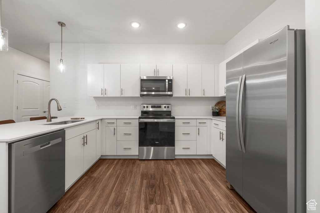 Kitchen featuring dark hardwood / wood-style floors, stainless steel appliances, hanging light fixtures, sink, and white cabinetry