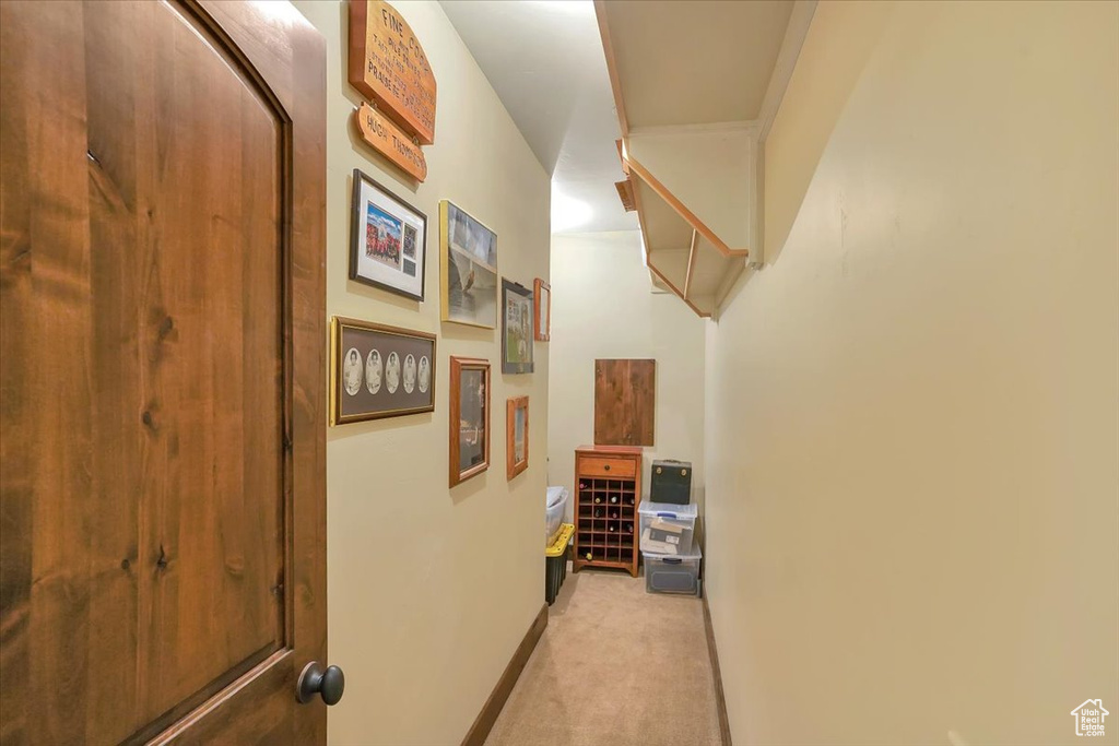Hall featuring light carpet
