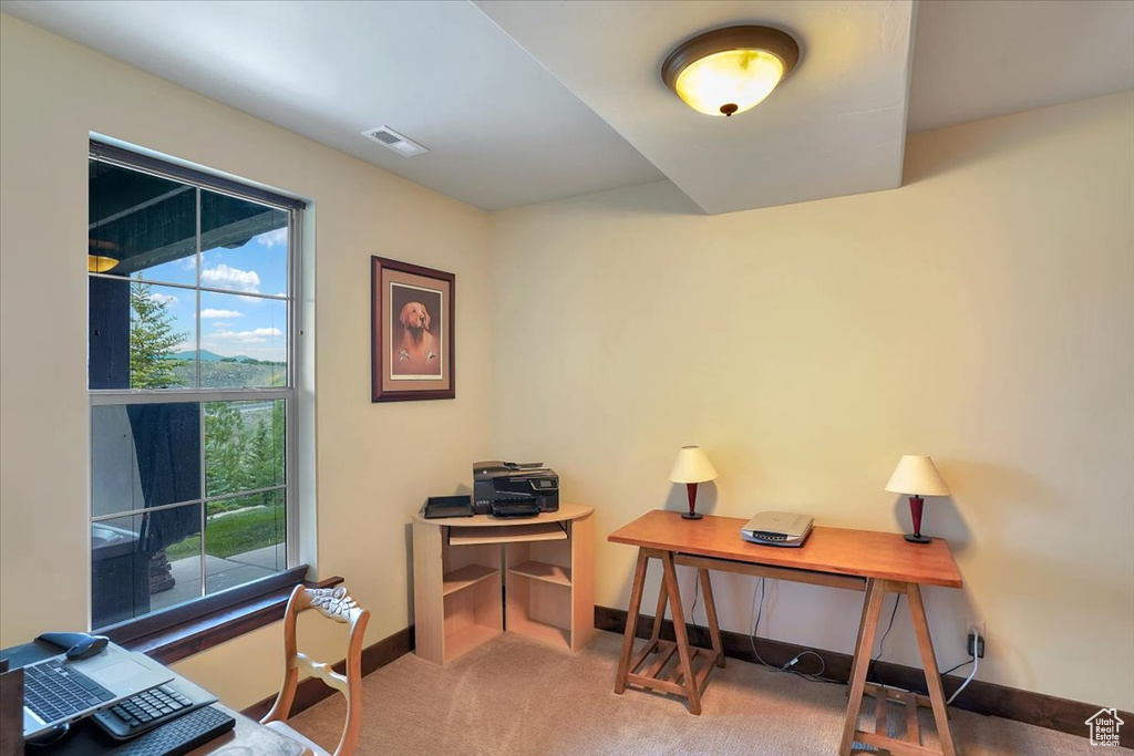 Office space with carpet flooring
