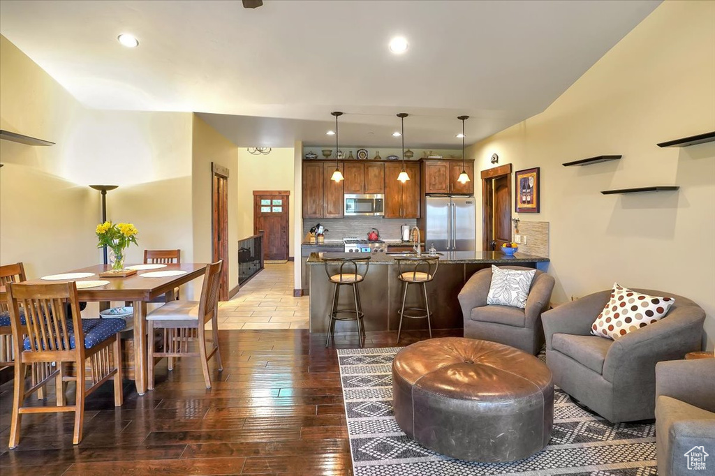 Living room with wood-type flooring