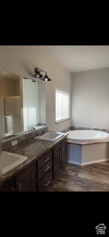 Bathroom featuring ceiling fan, a washtub, hardwood / wood-style flooring, and double sink vanity