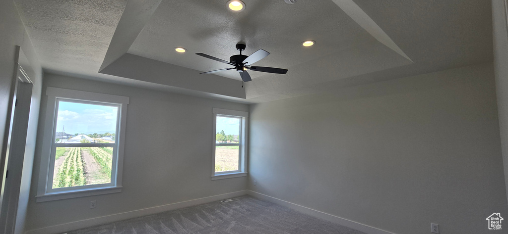 Spare room featuring a tray ceiling, plenty of natural light, ceiling fan, and carpet floors