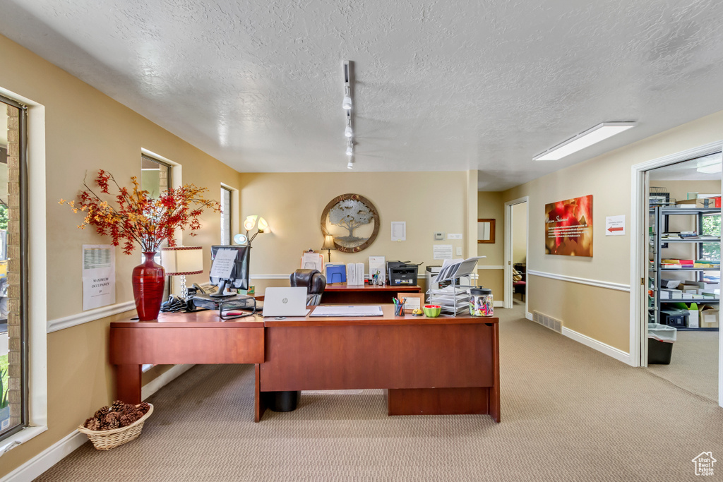 Carpeted home office featuring a textured ceiling and rail lighting