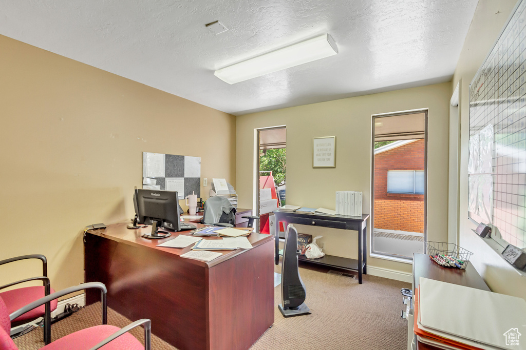 Office area with a textured ceiling and light colored carpet