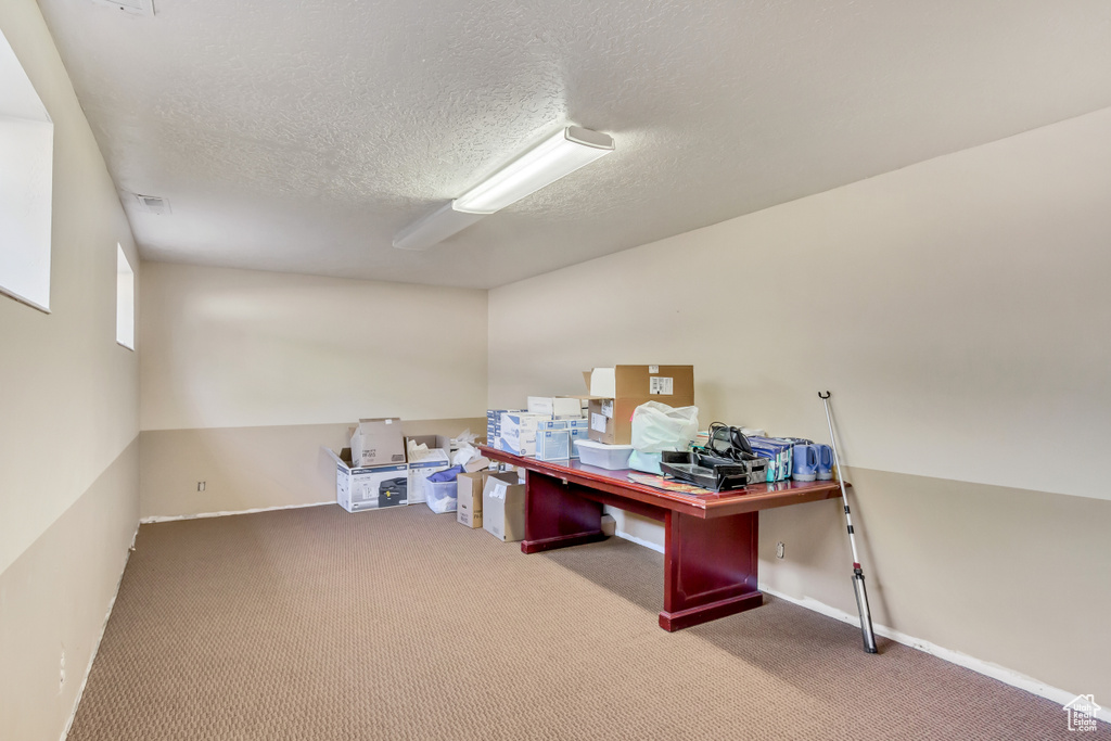 Carpeted home office with a textured ceiling