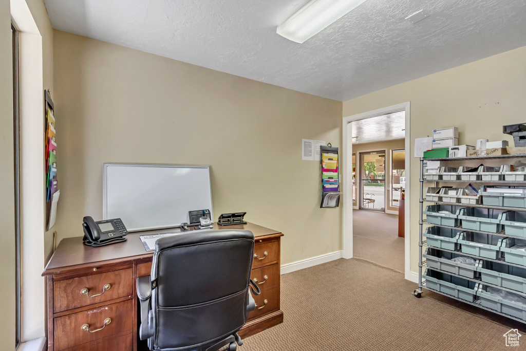 Office space with light carpet and a textured ceiling