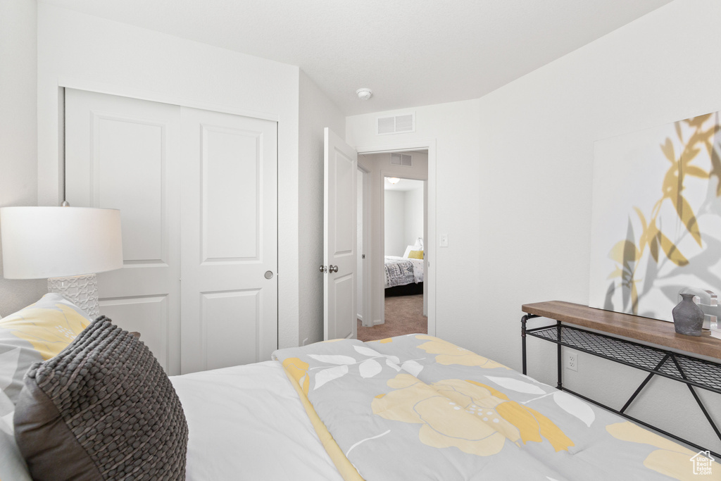 Carpeted bedroom featuring a closet