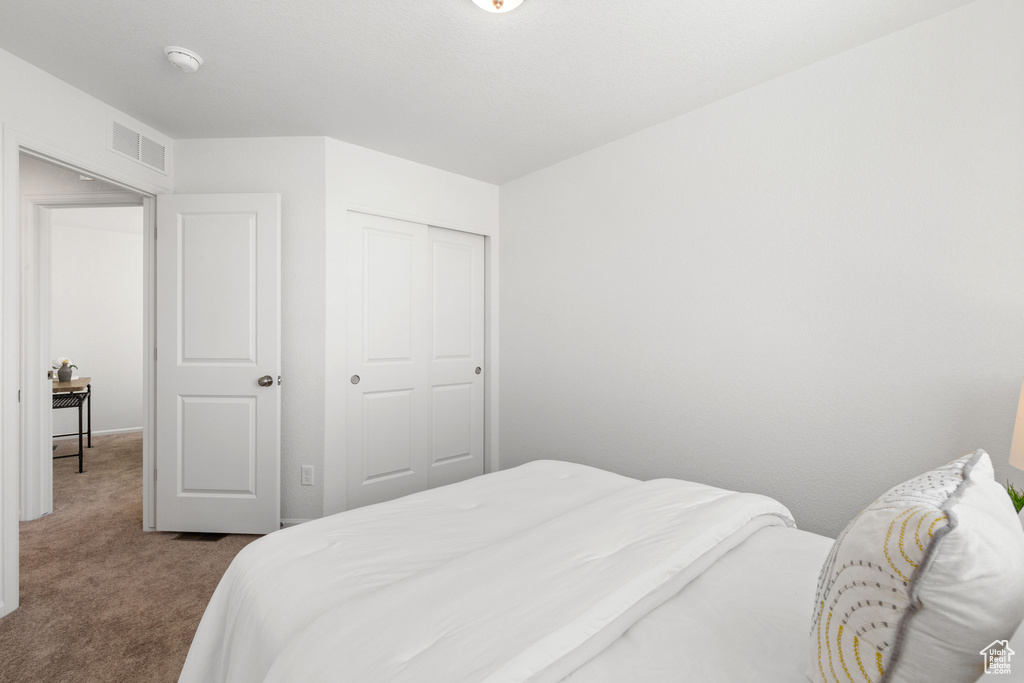 Carpeted bedroom featuring a closet