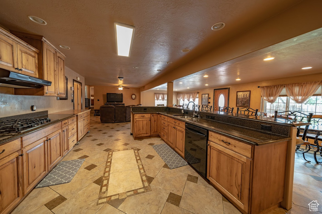 Kitchen with black dishwasher, sink, dark stone counters, and light tile flooring