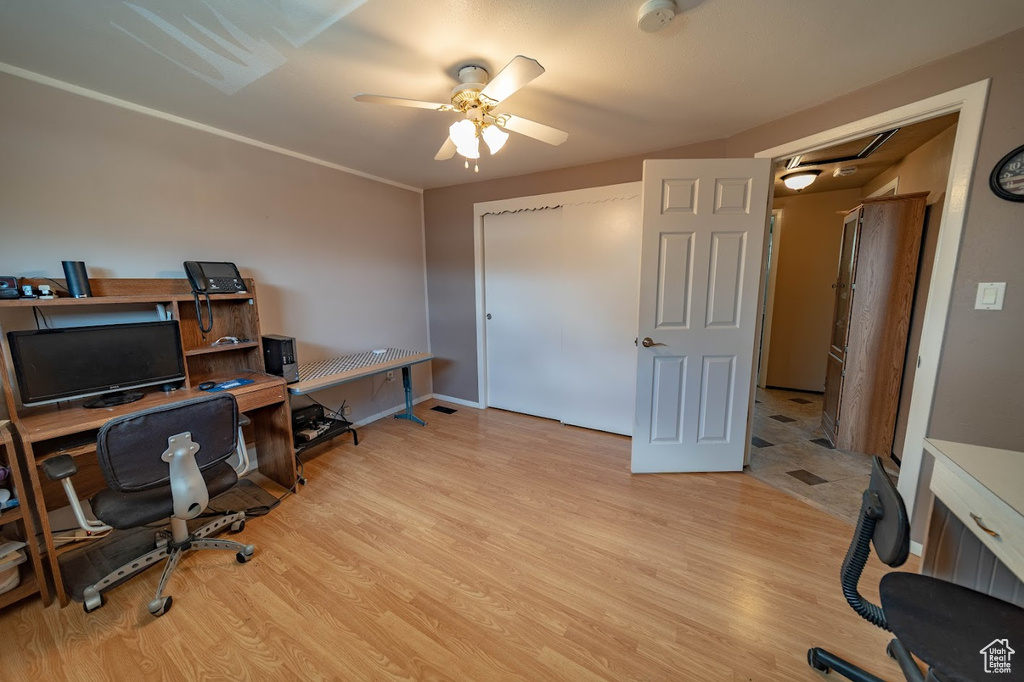 Home office featuring ceiling fan and light hardwood / wood-style floors