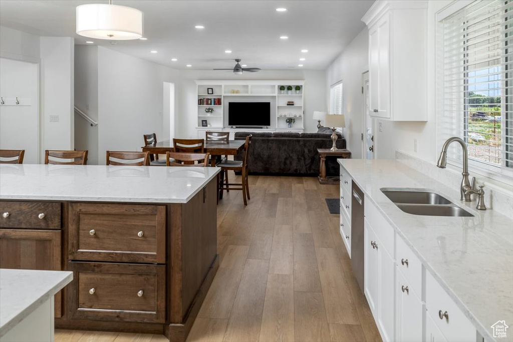 Kitchen with sink, a healthy amount of sunlight, white cabinets, and light wood-type flooring