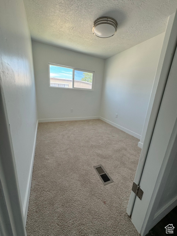 Carpeted spare room with a textured ceiling