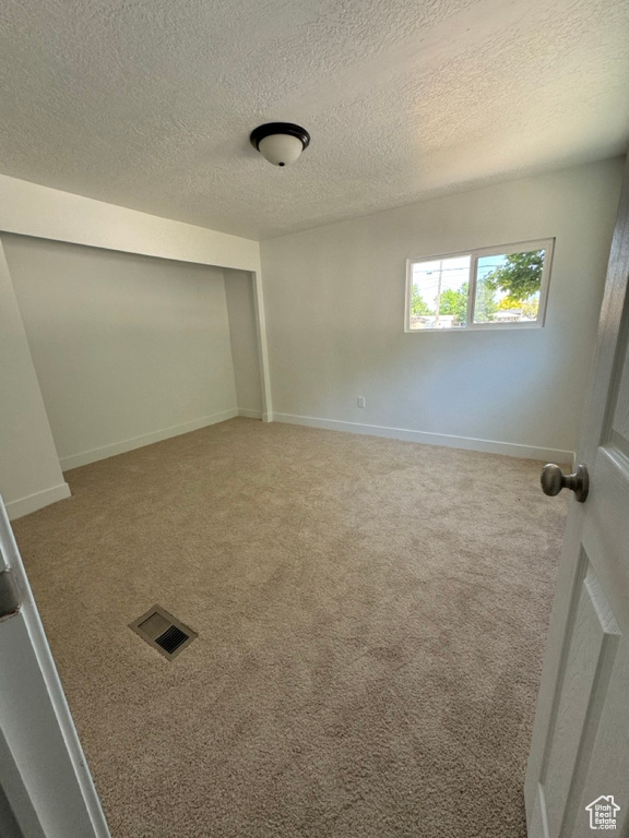 Unfurnished room with a textured ceiling and carpet flooring