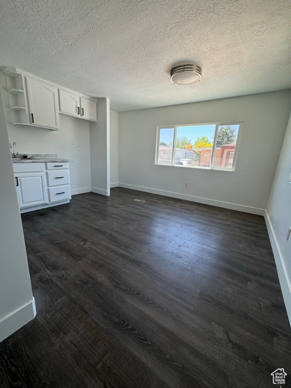 Unfurnished living room featuring sink, a textured ceiling, and dark hardwood / wood-style floors