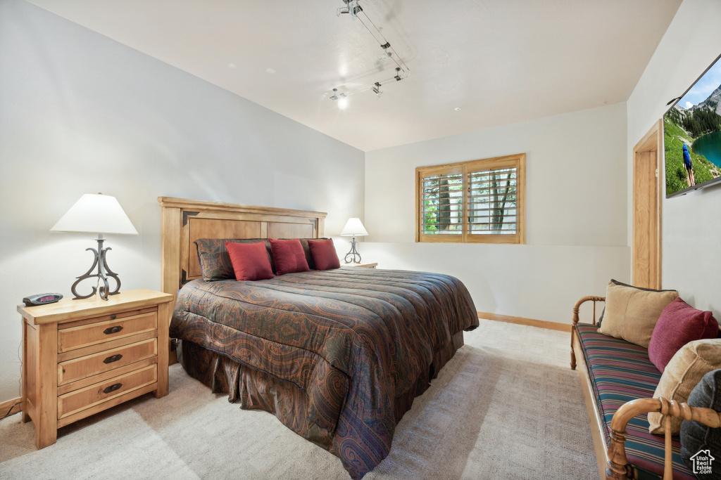 Bedroom with track lighting and light carpet