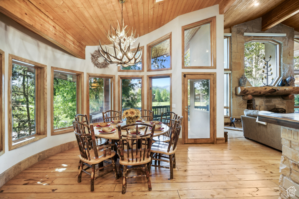 Dining room featuring a healthy amount of sunlight, light hardwood / wood-style floors, wood ceiling, and a chandelier